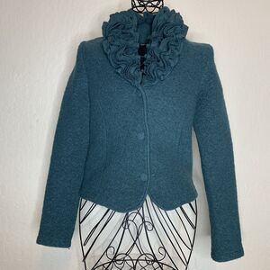 Lana Green Felted Wool Blend Ruffle Collar Cardigan Womens Size XS